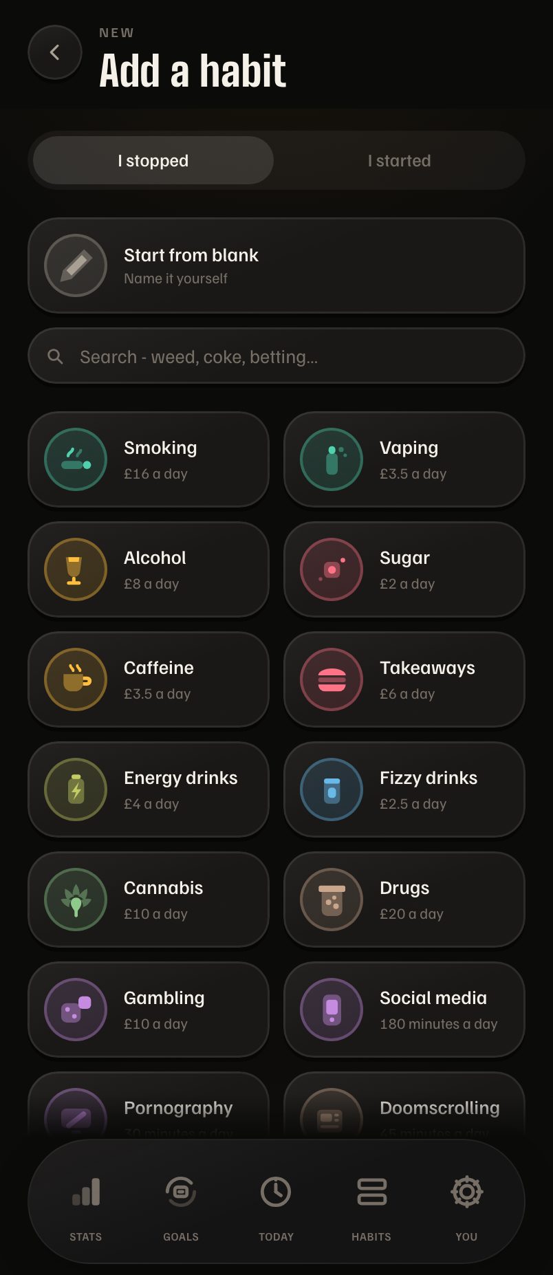 Days Strong on iPhone: choosing a habit