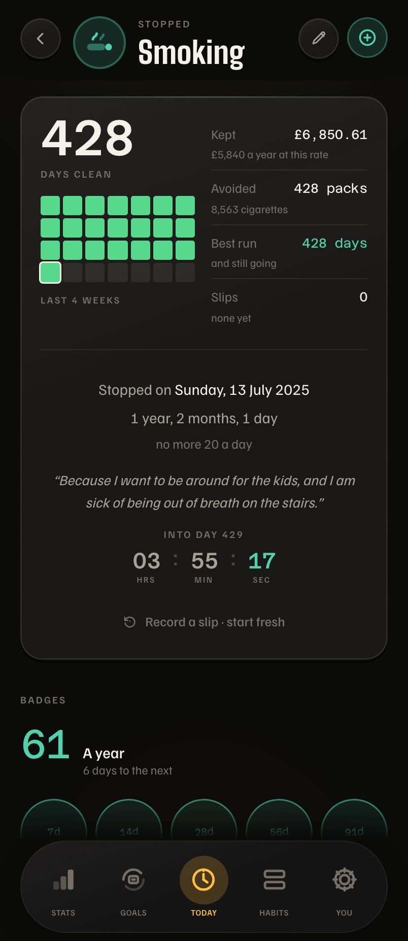 Days Strong on iPhone: the counter