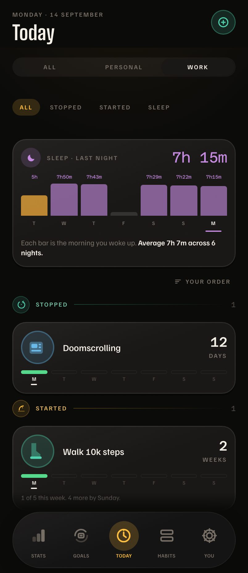 Days Strong on iPhone: the Work set, with everything else filtered out