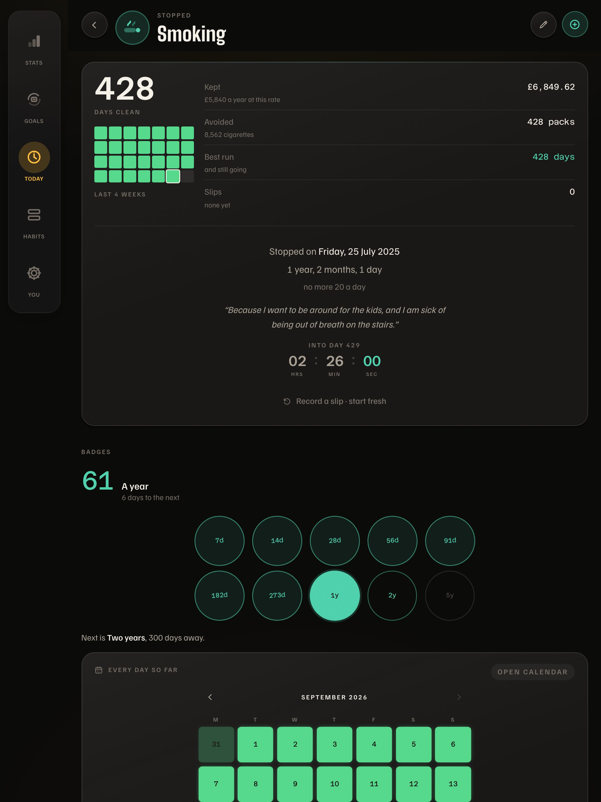 Days Strong on iPad: a habit, with the counter, the last four weeks and the badges together